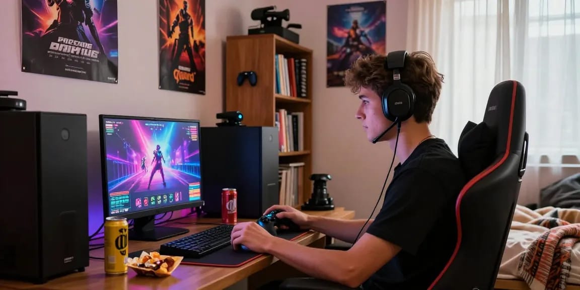 Engaged player enjoying a sex game on his laptop in a cozy bedroom.