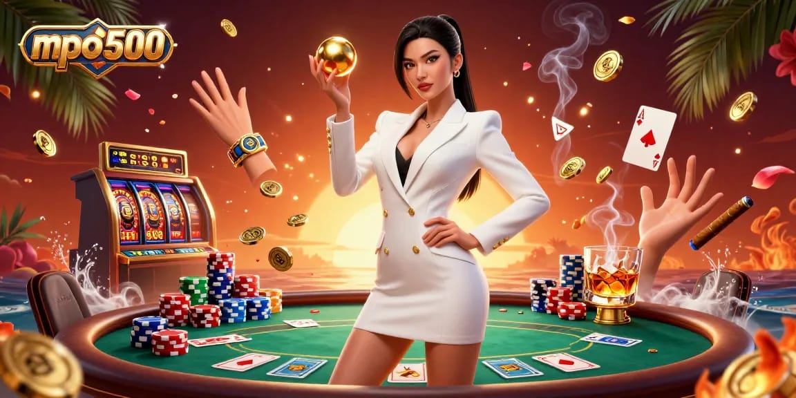 Experience thrilling gameplay at mpo500 with a glamorous Asian woman showcasing her winning moves at a vibrant casino.