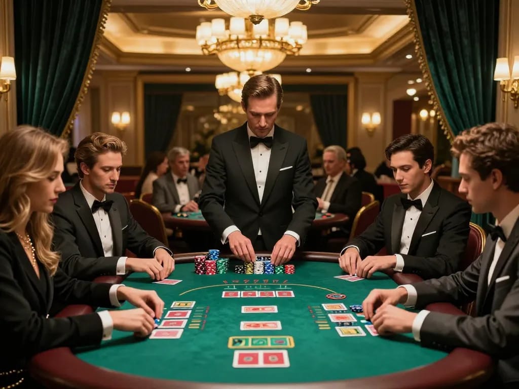 mb88 players strategizing at a blackjack table in a vibrant casino atmosphere