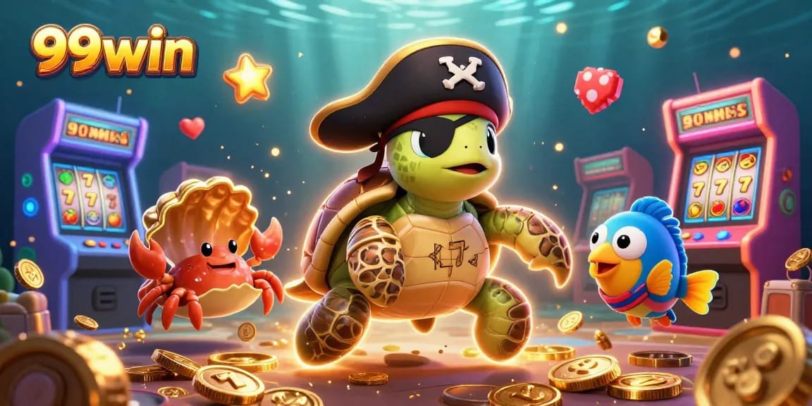 Engage in vibrant 99win slots action with 3D cartoon pirate characters and sparkling treasures.