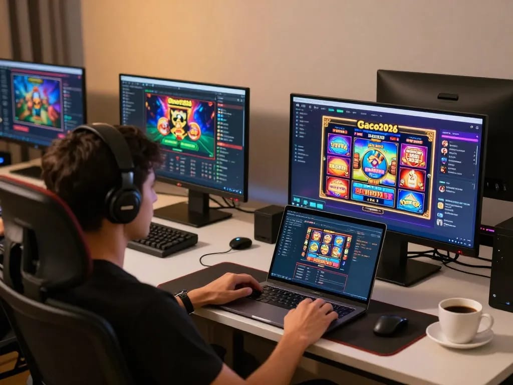 Engaging with slot-gacor2026 games in a pro home gaming setup featuring multiple screens.