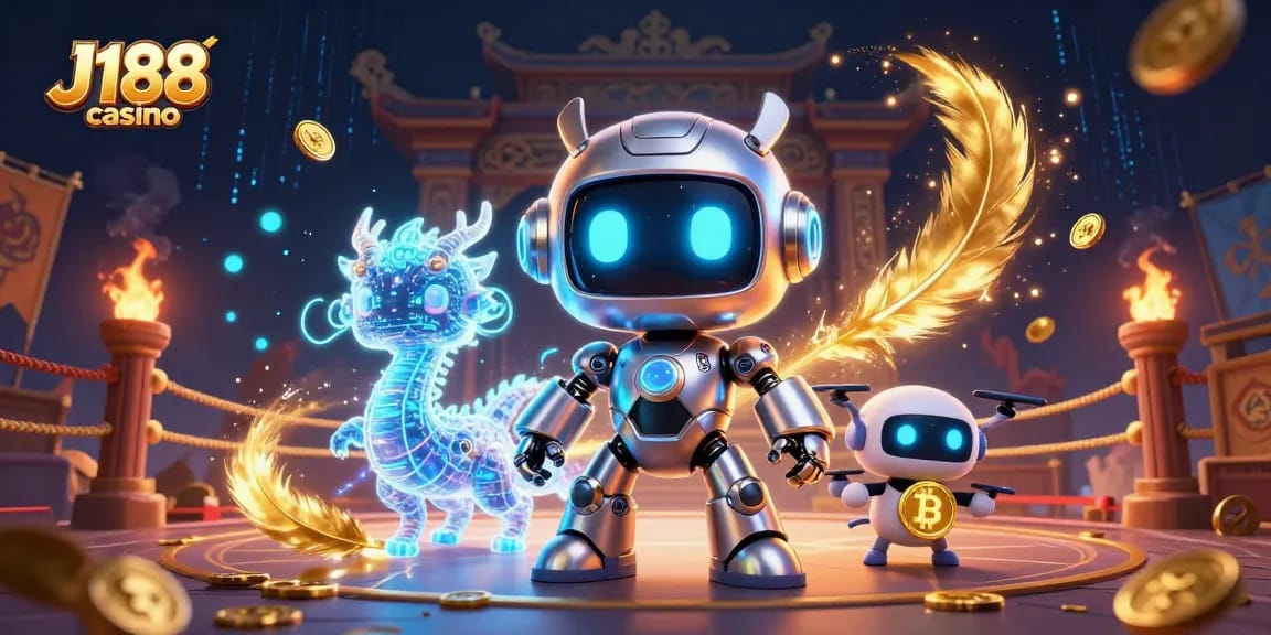Engage with the vibrant action of J188 casino featuring a cyberpunk robot and a bitcoin drone.