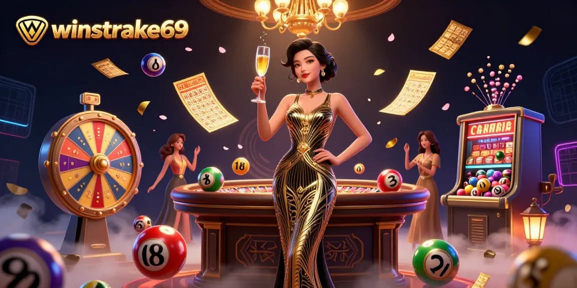 Experience excitement with winstrike69 as the glamorous Asian woman celebrates at a vibrant casino.