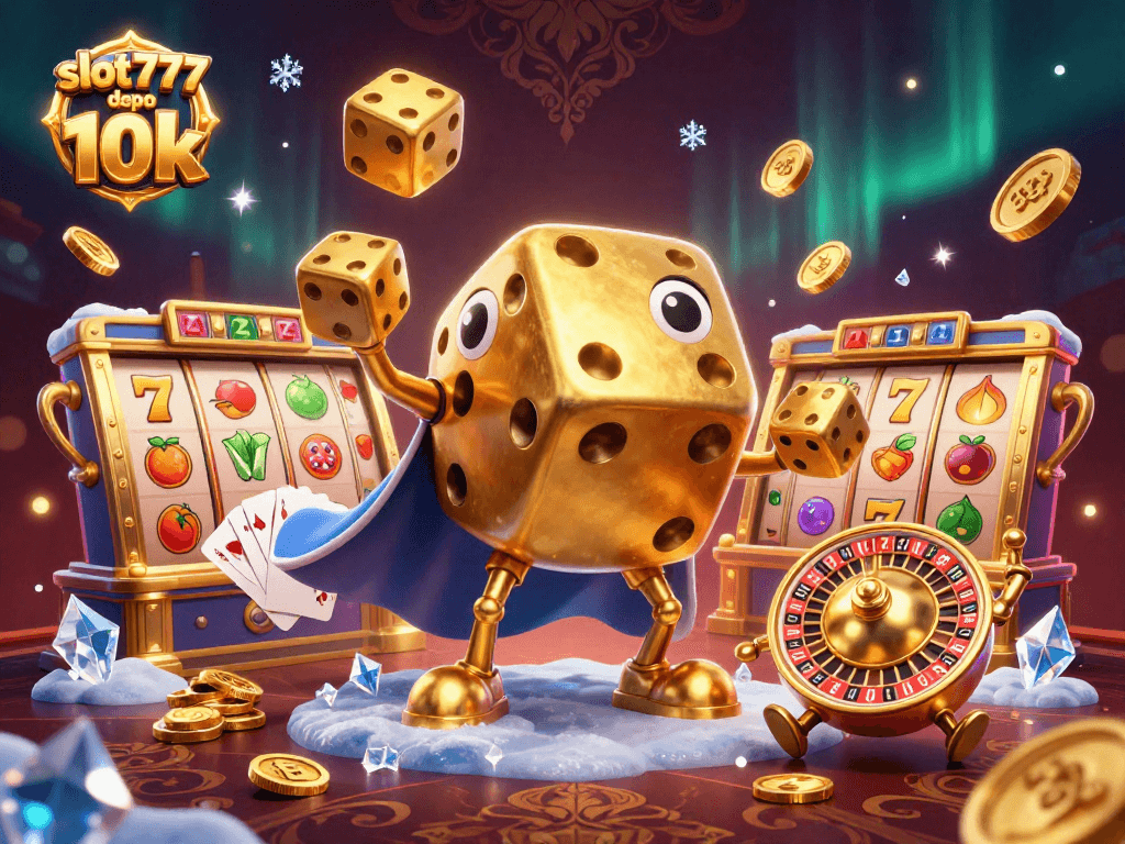 Experience the thrill of slot777 depo 10k in a vibrant 3D cartoon illustration filled with dynamic casino elements.