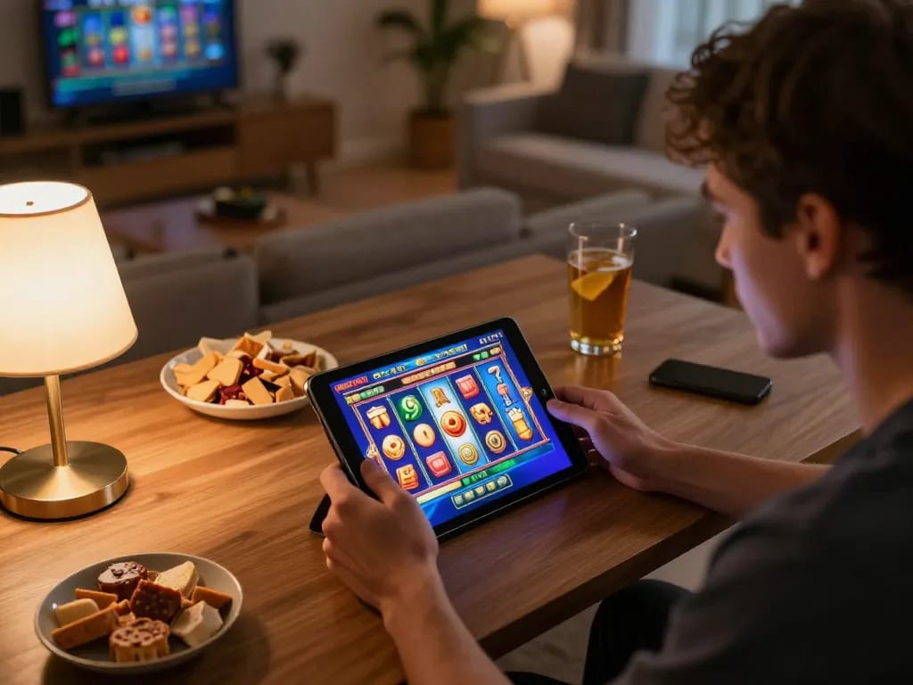 Player enjoying an engaging SLOT game on a tablet in a cozy home setting