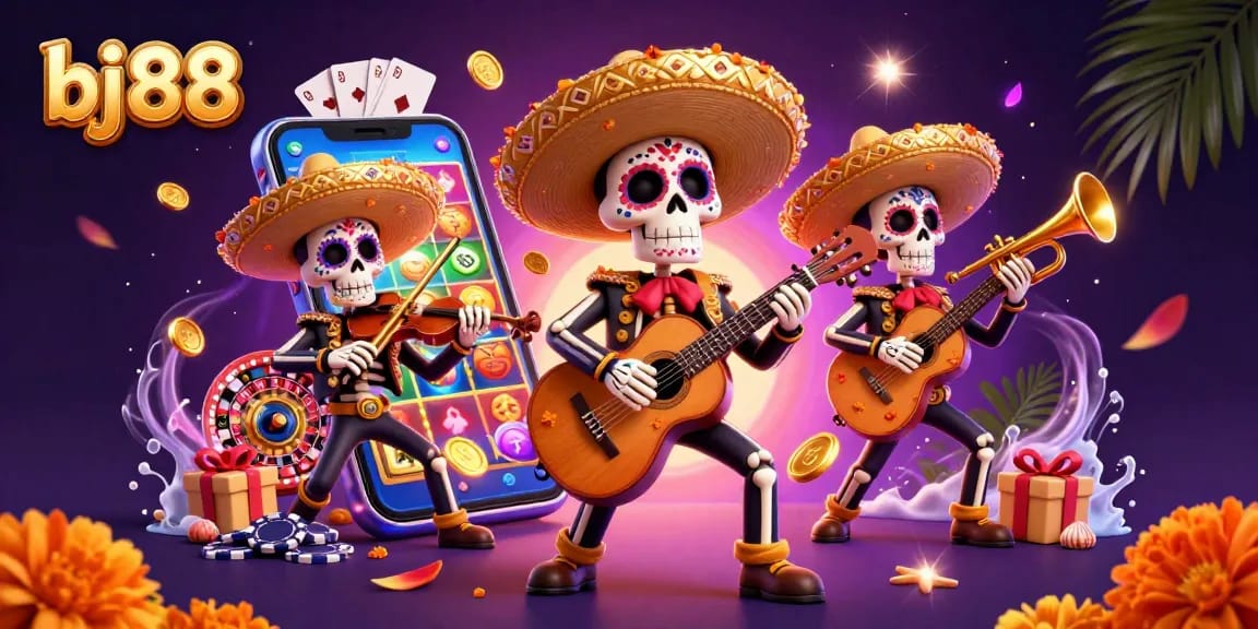 Engage in vibrant games at bj88 featuring Day of the Dead mariachi musicians amidst dynamic casino elements.