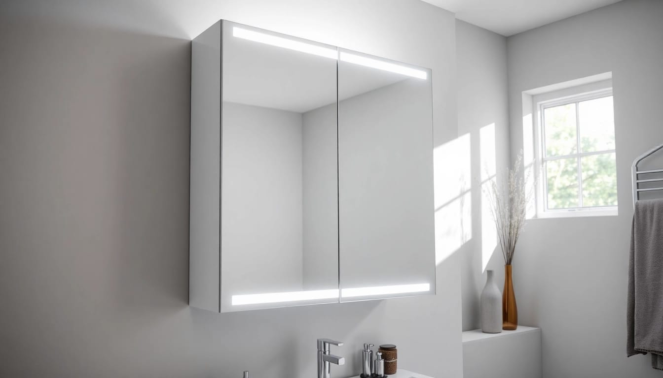 Präsentation des sonni Spiegelschrank mit moderner Beleuchtung in einem Badezimmer.