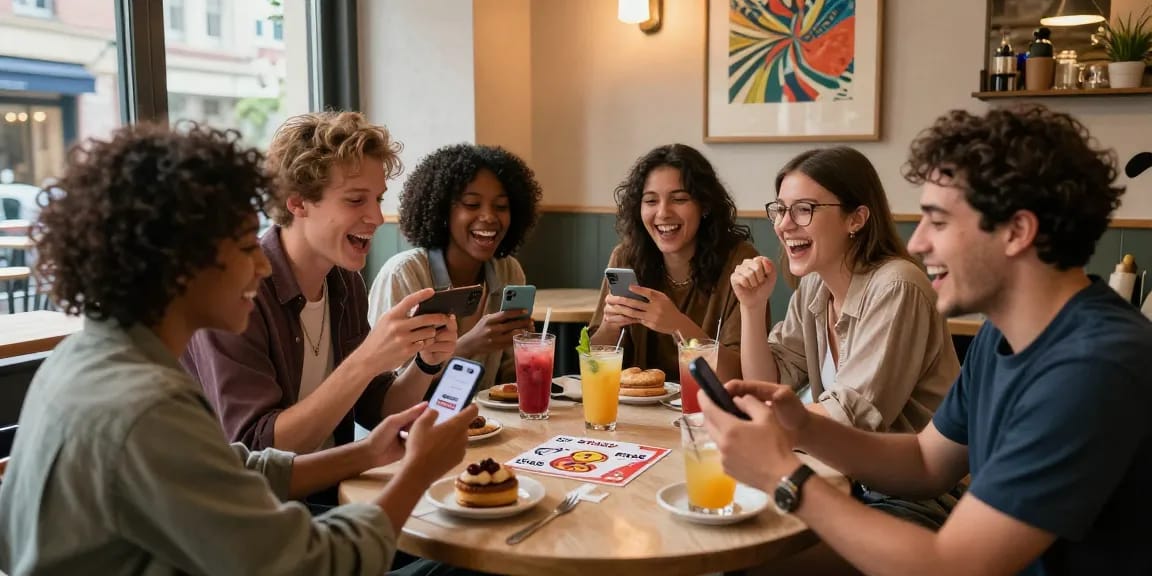 Friends enjoying a lively "smash or pass" game at a cafe, engaging in fun interactions.