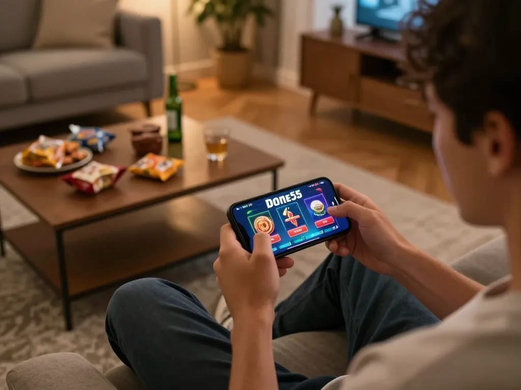 A person engaging with the Done55 app on their smartphone in a cozy living room setting, showcasing responsible gaming.