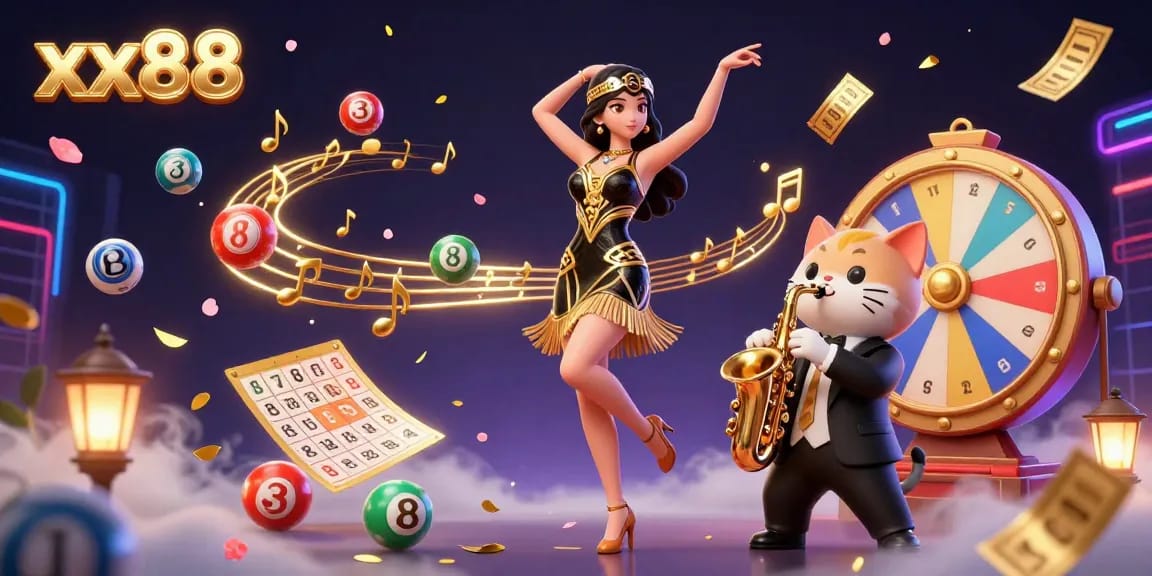Experience the thrill at xx88 with dynamic gaming visuals of vibrant lottery elements and engaging characters.