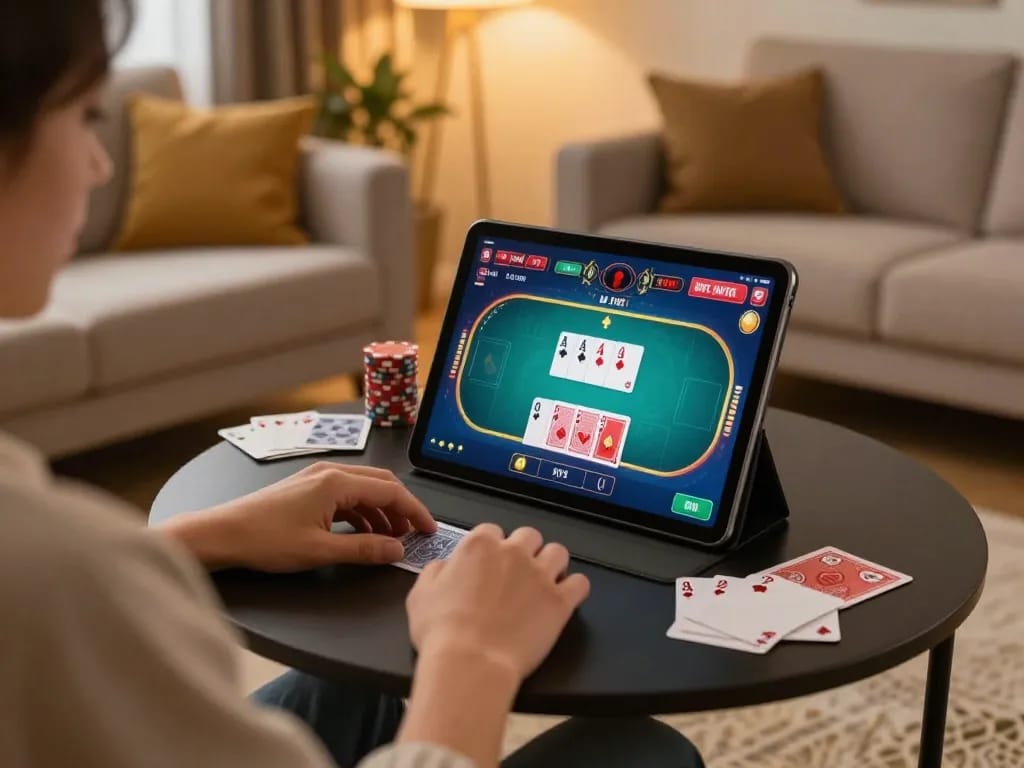Engaging online poker gameplay at home with 888top interface on a tablet.