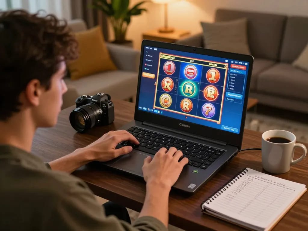 Player engaging with vibrant slot games on their laptop, showcasing strategic focus in a modern home.