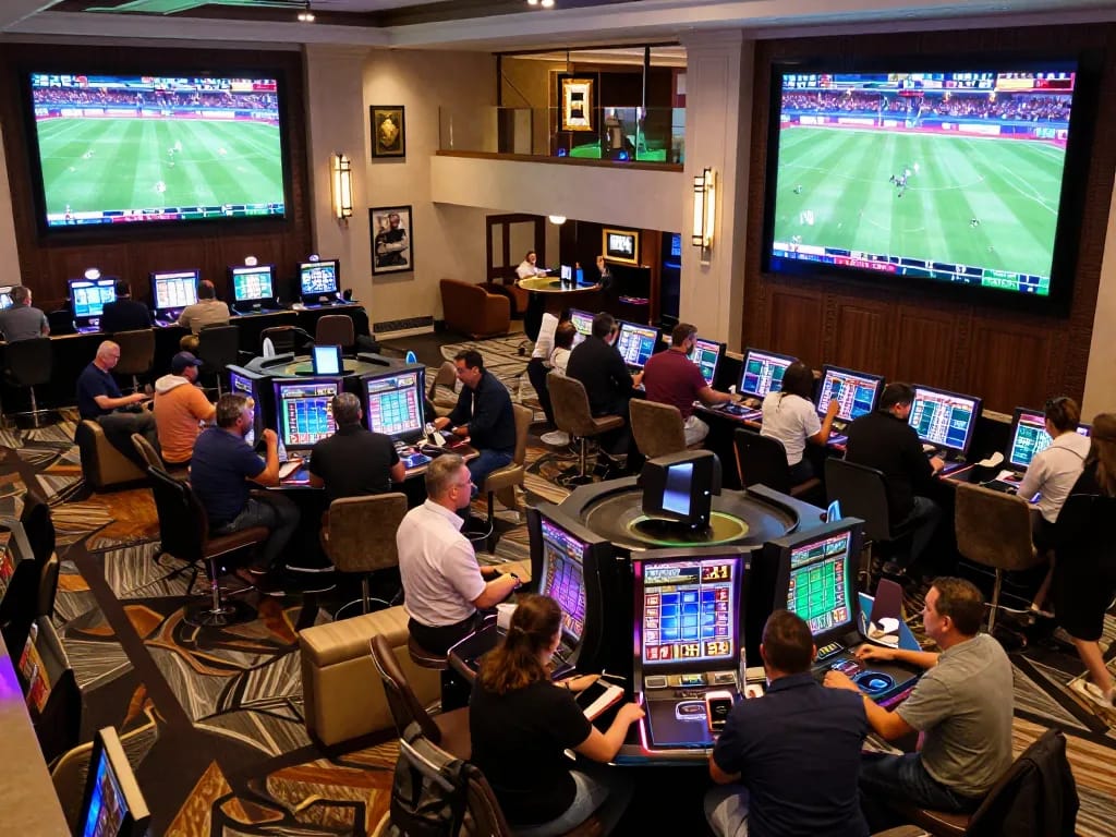 Engaged patrons placing sports bets at n188 casino, highlighted with excitement and strategy