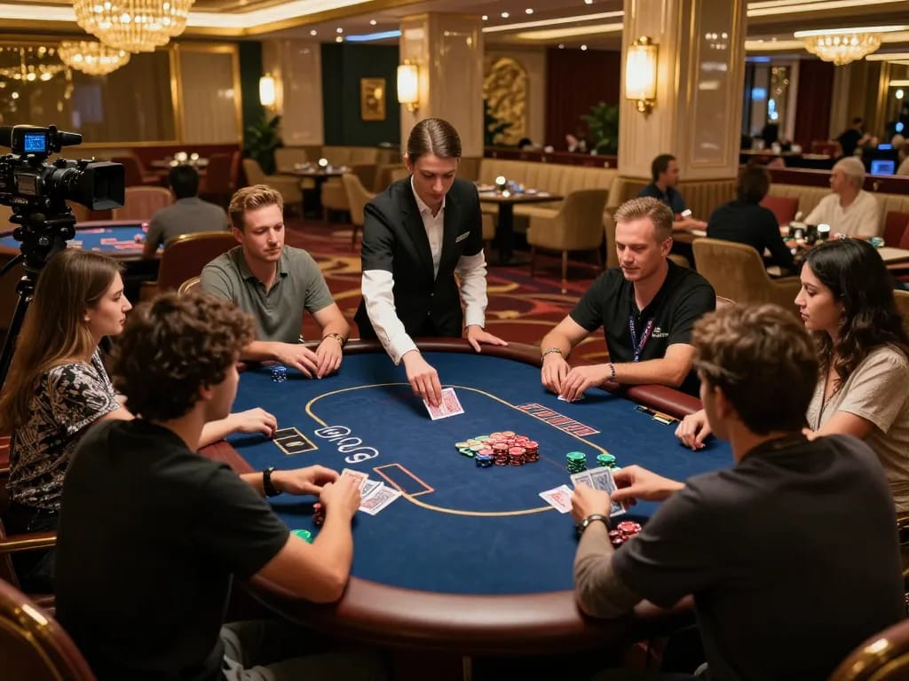 Players strategizing at a VIP poker table in a casino, experiencing the excitement of vipwin gaming.
