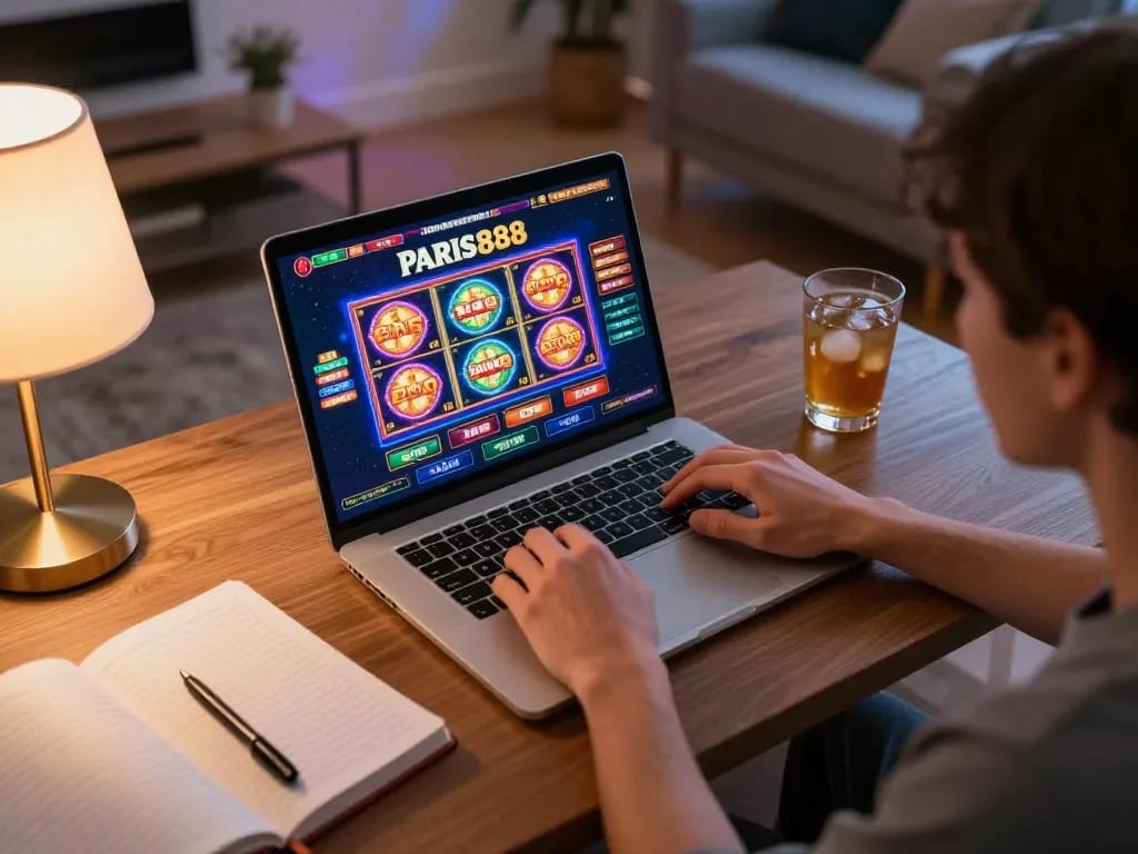 Engaging in online gaming on Paris888 with colorful slot machines visible on the screen