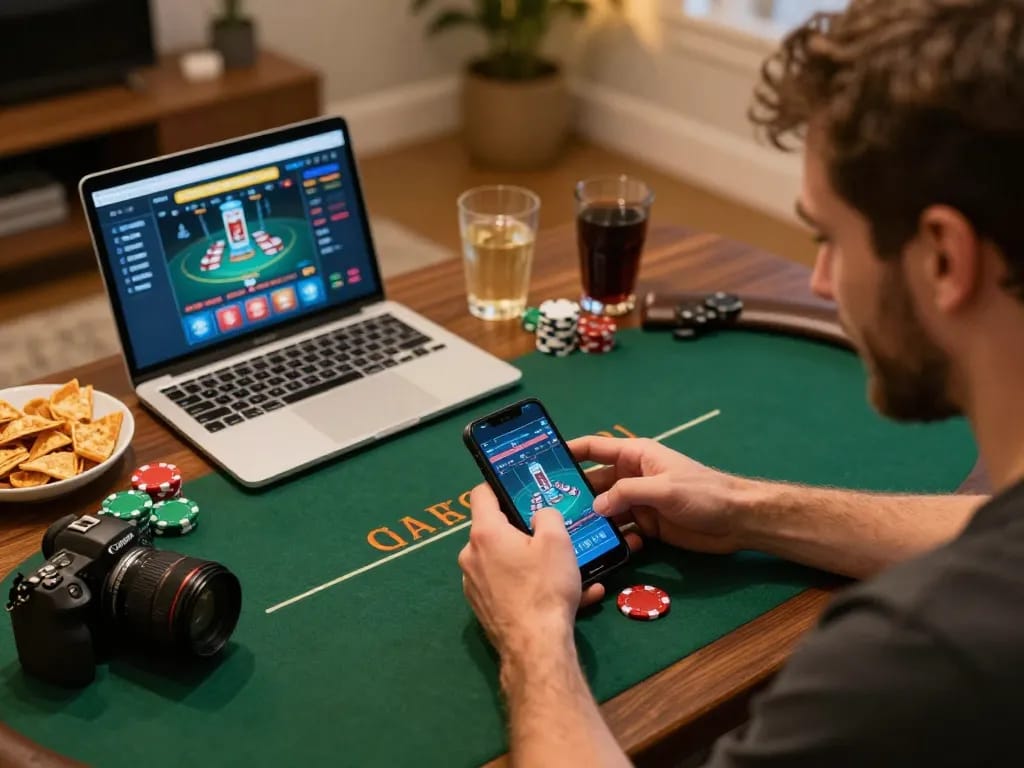 TẢI SUNWIN app for online gaming from a cozy home setup with snacks and excitement.