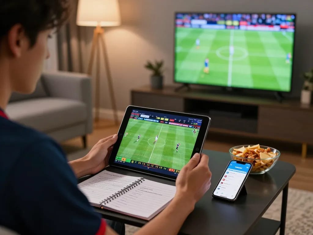 Engaged gambler using Fun88 app for live sports betting in a cozy home setting
