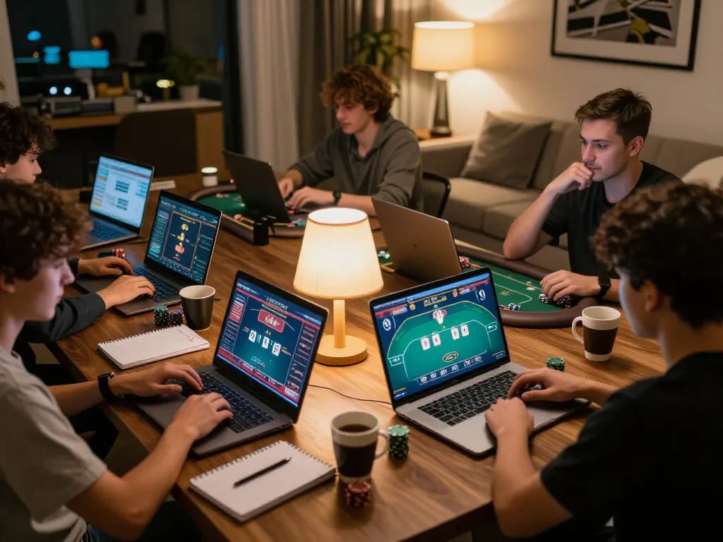 Players engaging in online gambling at home while using cm88viet for strategic gameplay.