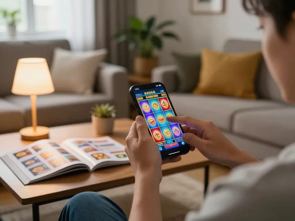 Engaged player using a smartphone to play situs slot games in a warm home setting.