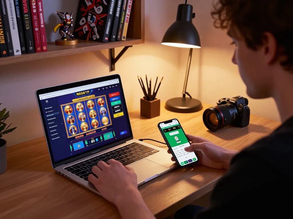 Player engaging with NEGO77 online casino games on laptop and smartphone for a thrilling gaming experience.