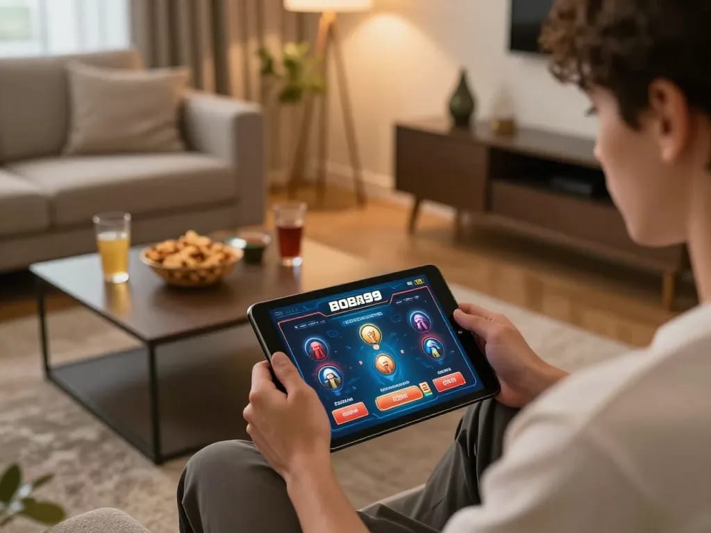 Sesi permainan Boba99 di tablet dengan pengaturan rumah yang nyaman dan suasana yang menarik