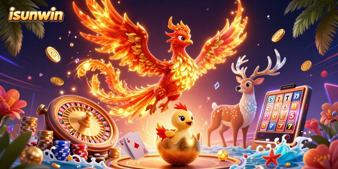 Engage in thrilling gameplay with isunwin as the vibrant phoenix and mystical stag showcase an exhilarating casino scene.