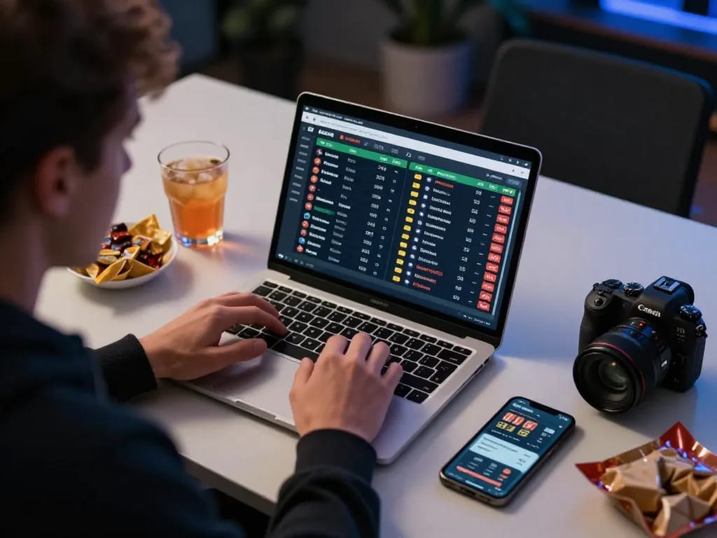 Sports betting action on siti scommesse esteri with a focused player analyzing odds on a laptop.