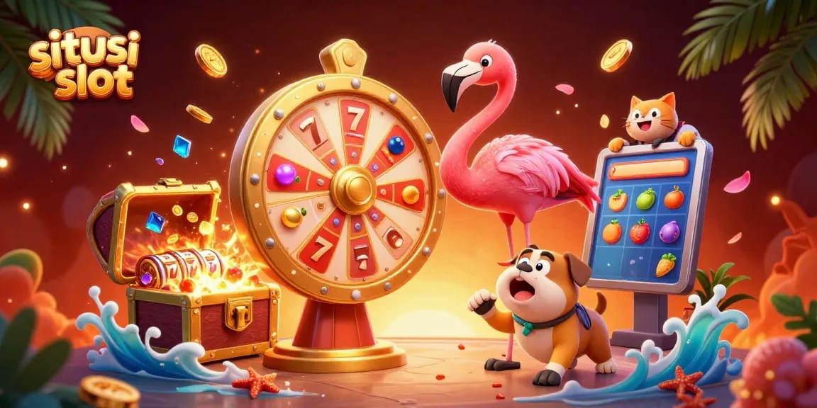 Pemain meraih jackpot di situs judi slot dengan gembira, dikelilingi peti harta karun dan simbol permainan yang menarik