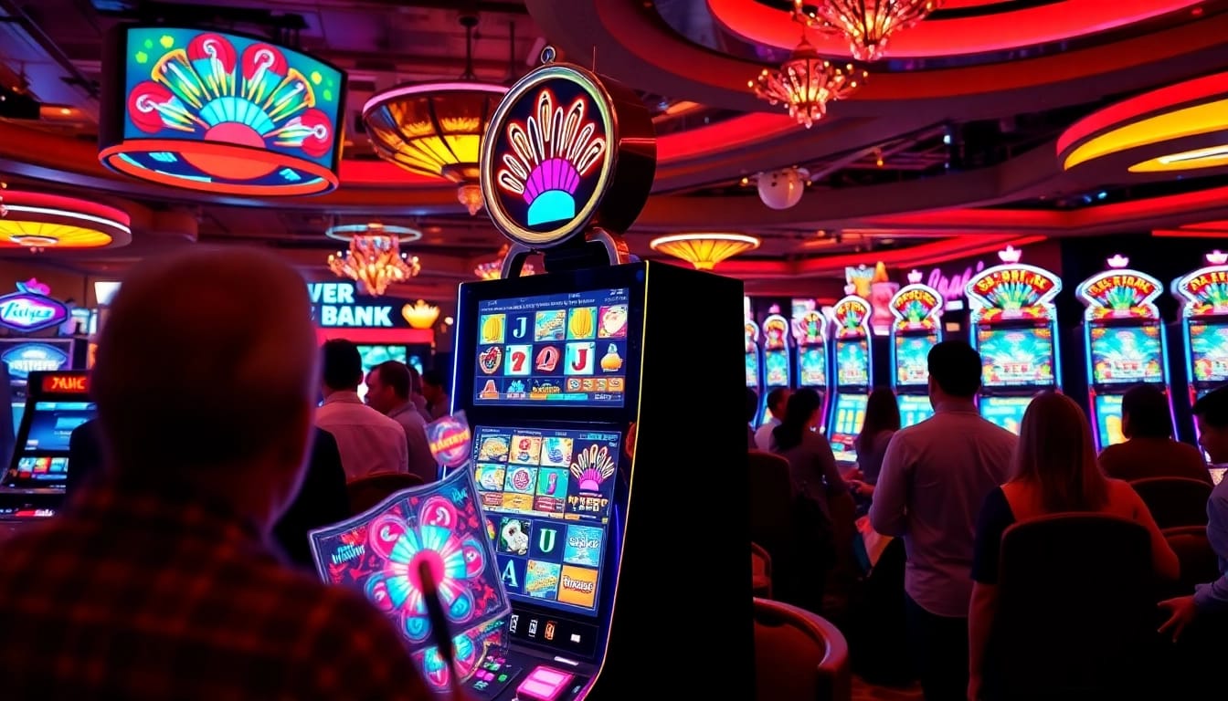 Slot interwin di mesin slot berwarna-warni dengan pemain yang antusias di kasino.
