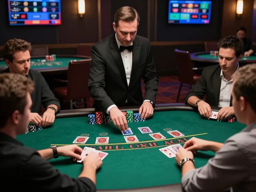 Players enjoying blackjack at a live dealer table on 68gamebaivn, showcasing strategic gameplay.