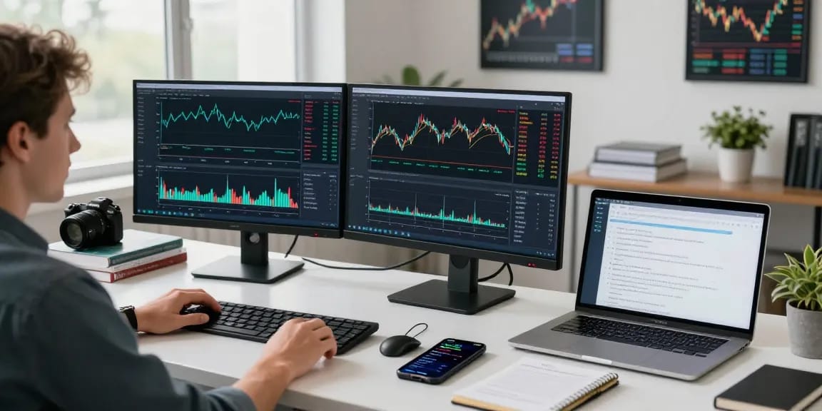 Trader using MetaTrader 5 in a modern office, analyzing market charts and executing trades.
