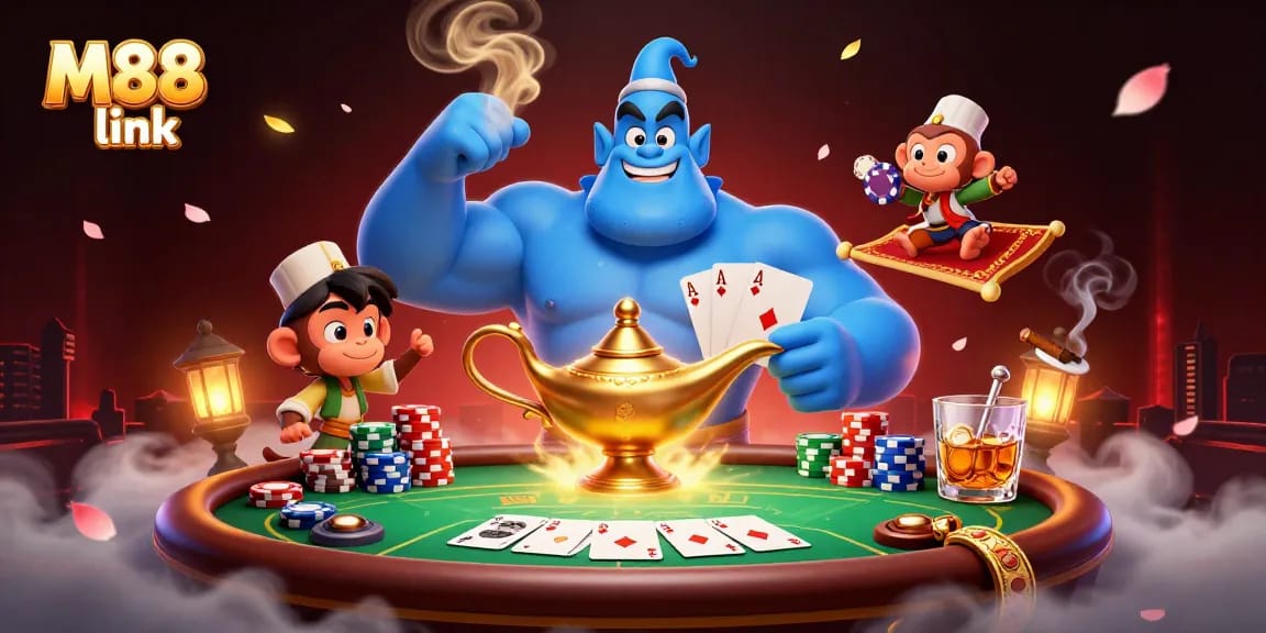 M88 link showcases an exciting casino scene with a genie, monkey, and poker chips, bringing thrilling gaming action.
