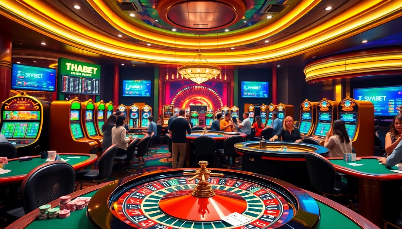Action-packed gambling scene at Trang Chủ THABET with vibrant tables and players enjoying various casino games.