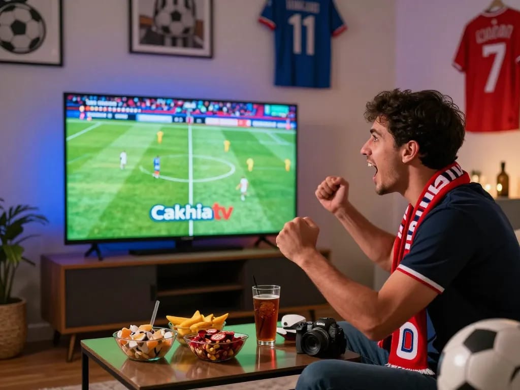 Engaged fan watching soccer live on Cakhiatv, vibrant room with memorabilia and snacks.