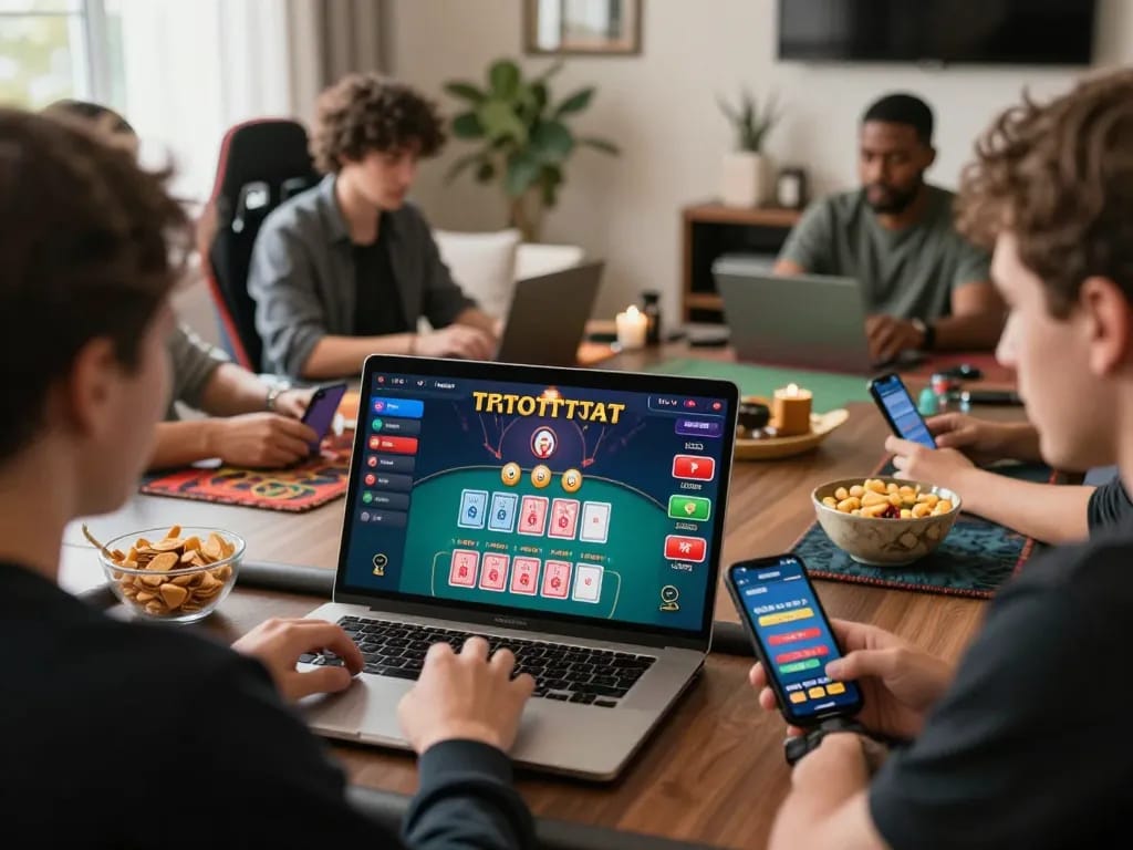 Engaged players at an online baccarat site, showcasing a live dealer game on multiple devices, creating a vibrant gaming atmosphere.