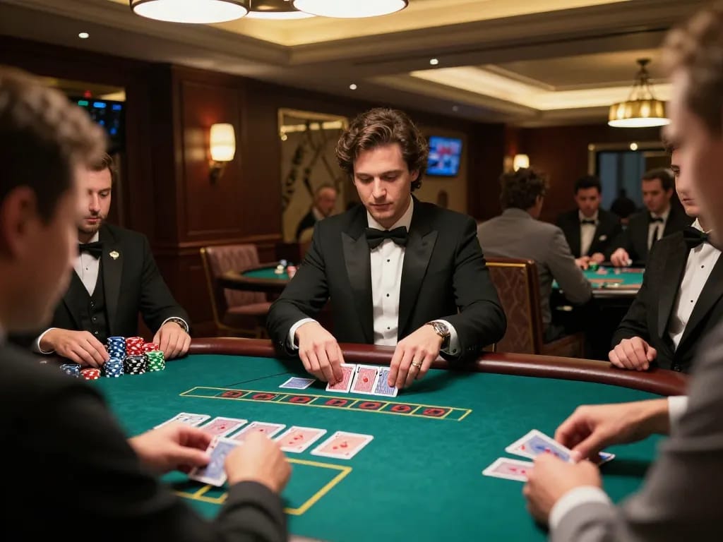 va88 player placing a crucial bet during an intense blackjack game in a luxurious casino