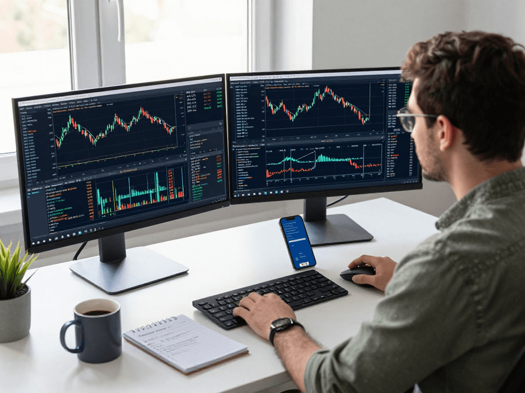 在TradingView官网,一个交易者专注于分析图表,展示专业的金融交易环境。