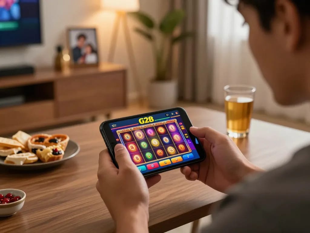 Engaging gameplay at G28 online casino app displayed on smartphone in stylish home environment.