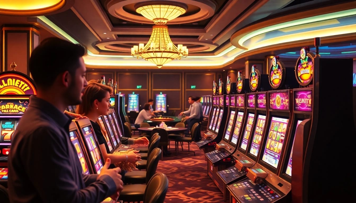 Rasakan sensasi menang di slot Depo 1K dengan mesin warna-warni dan pemain antusias di kasino mewah.