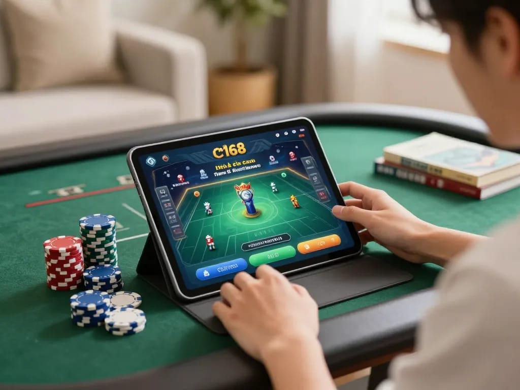 Engaged player using nhà cái c168 app on tablet, showcasing online gambling excitement and strategy.