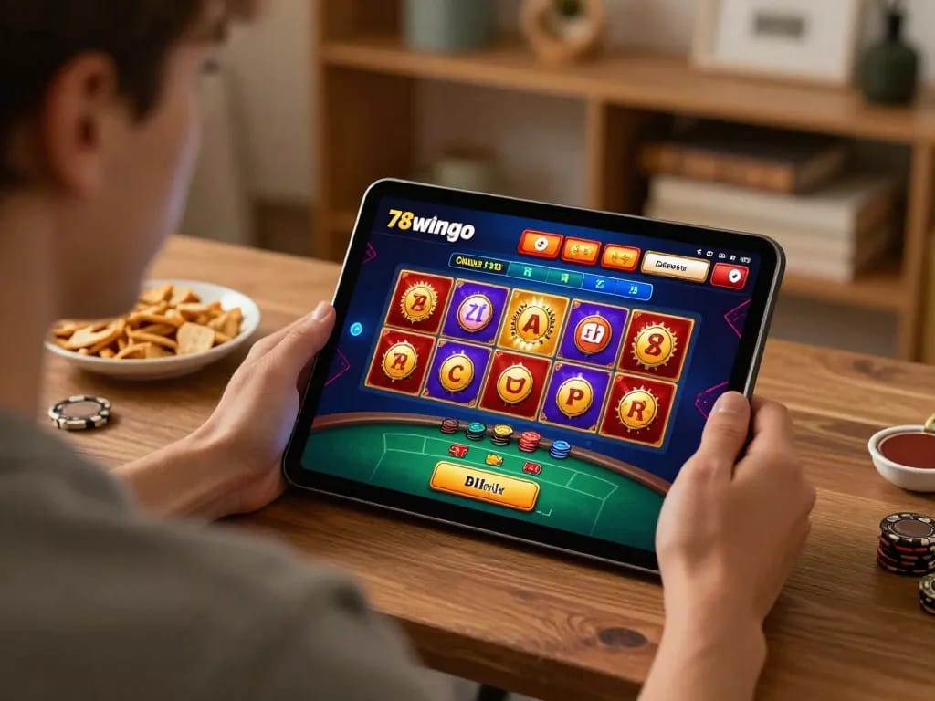 Engaged player exploring 78wingo casino games on a tablet amidst a cozy home setting.