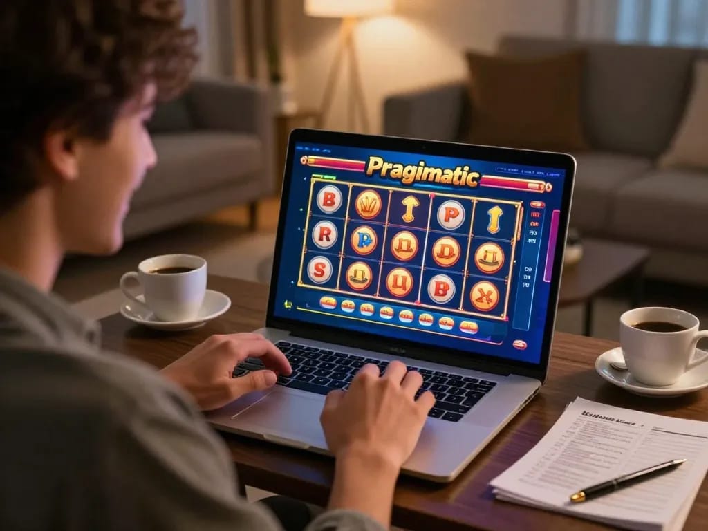 Engaging in Demo Slot Pragmatic on laptop in a cozy living room with strategy notes visible.
