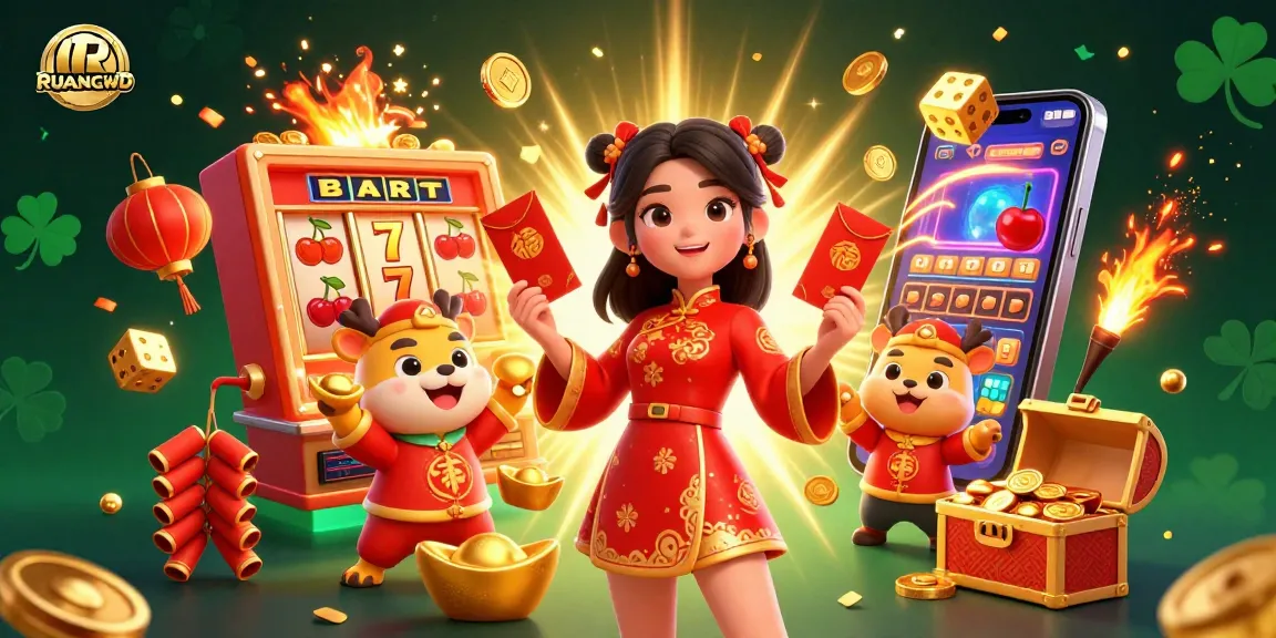 Experience the thrill of RUANGWD with vibrant casino elements and festive characters in a dynamic gambling scene.