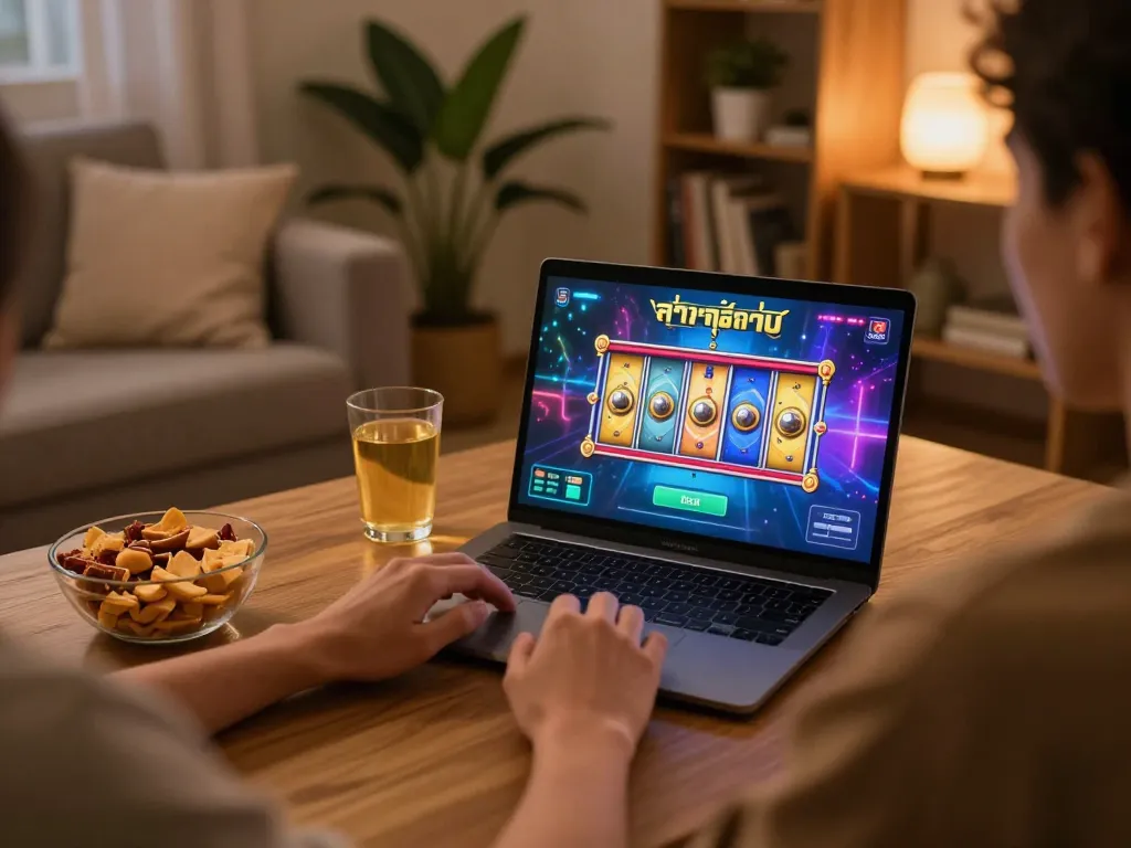 Engaged player testing ทดลองเล่นสล็อต on a laptop at home, enjoying a comfortable gaming atmosphere.
