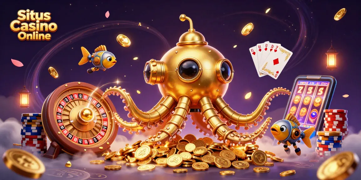 Situs Casino Online illustration showing an adventurous scene with a kraken submarine amidst gold coins and casino elements