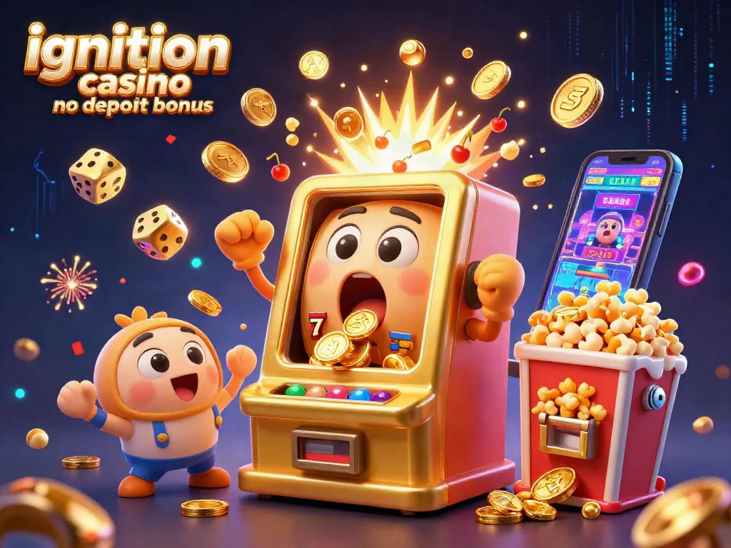 Ignition Casino No Deposit Bonus visualizing 3D slot machines celebrating a jackpot explosion amidst casino-themed elements.