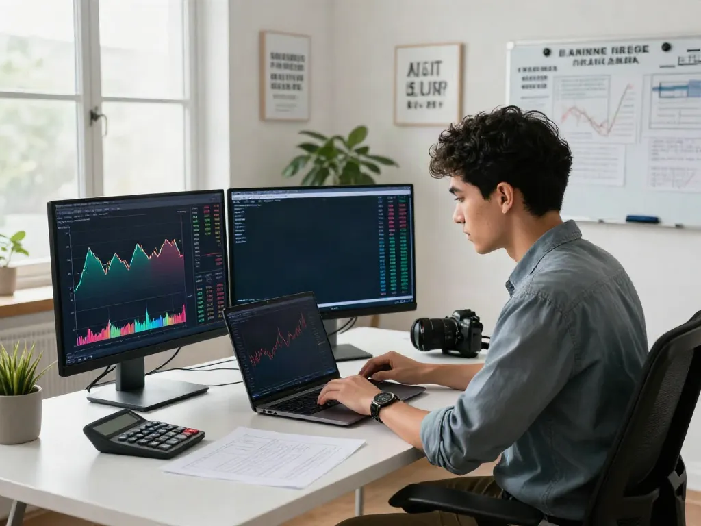 Finance enthusiast analyzing trends on FintechZoom.com in a well-organized office.