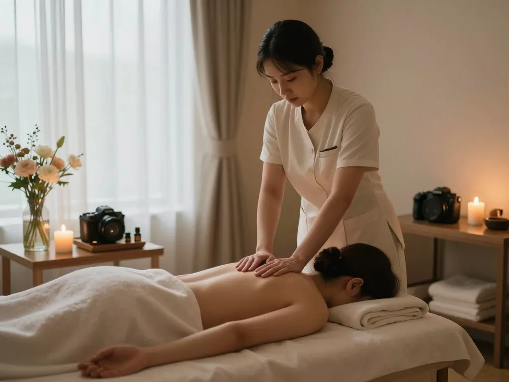 강남스웨디시 massage being performed in a serene spa, capturing calm ambiance and healing atmosphere.