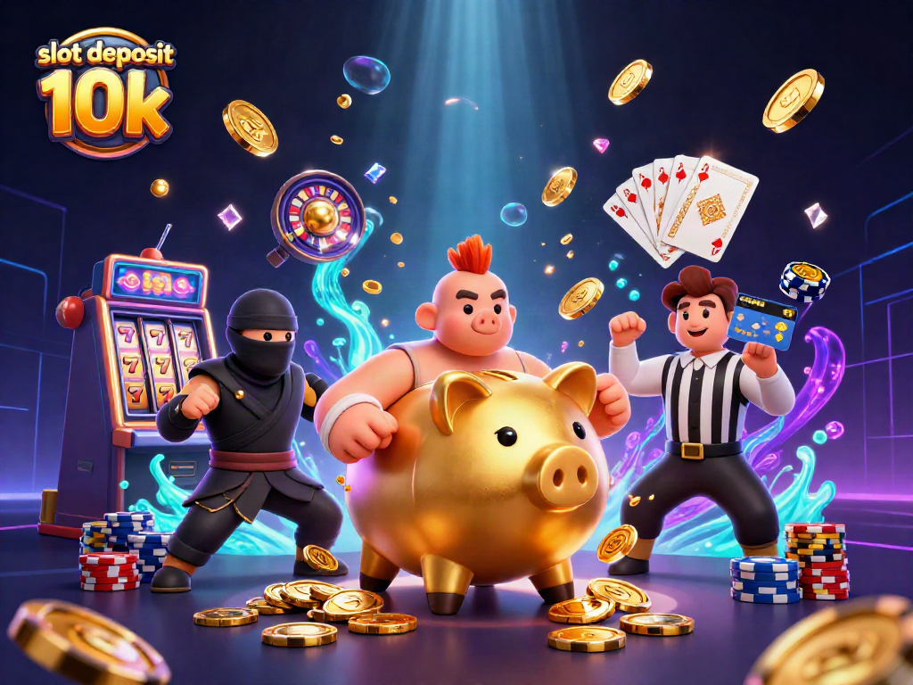 Experience thrilling gameplay with slot deposit 10k, featuring a golden piggy bank sumo wrestler in action.