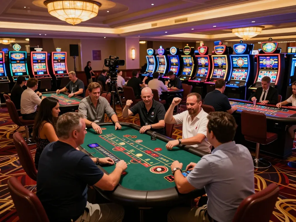 Players enjoying vibrant games at fabet casino floor, lively roulette action and slot machines